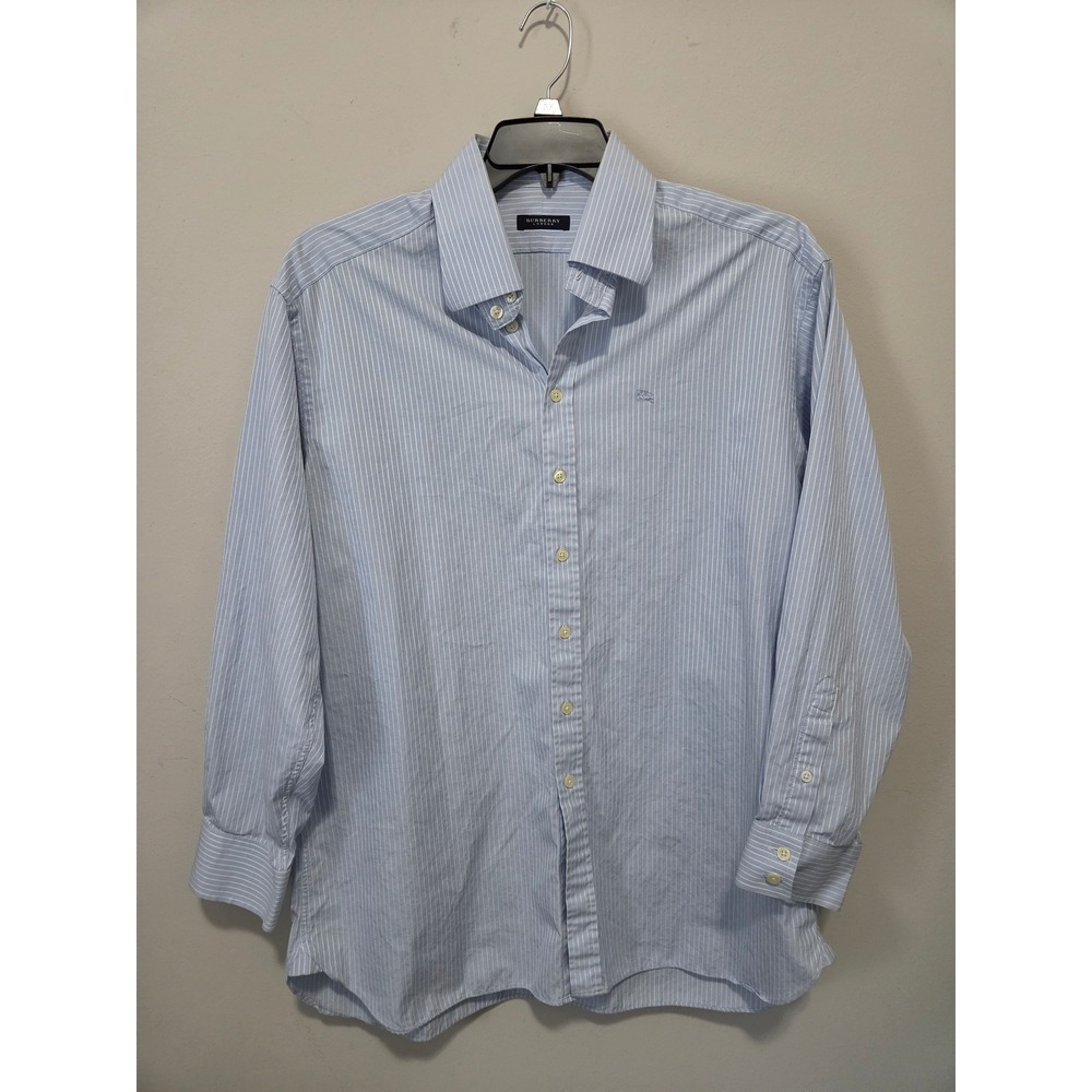 Burberry London Mens 17.5 44 Blue White Pinstripe Cotton Button Up Shirt UK Made
